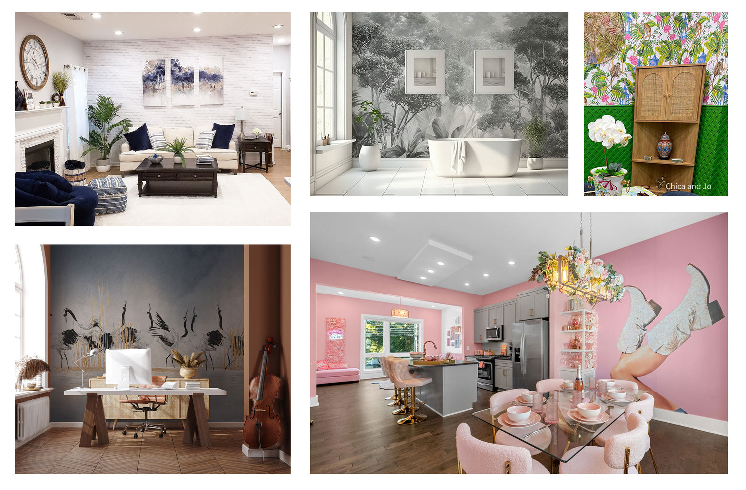 A collage of various home interior designs with wall murals, including a living room, bathroom, and dining area.