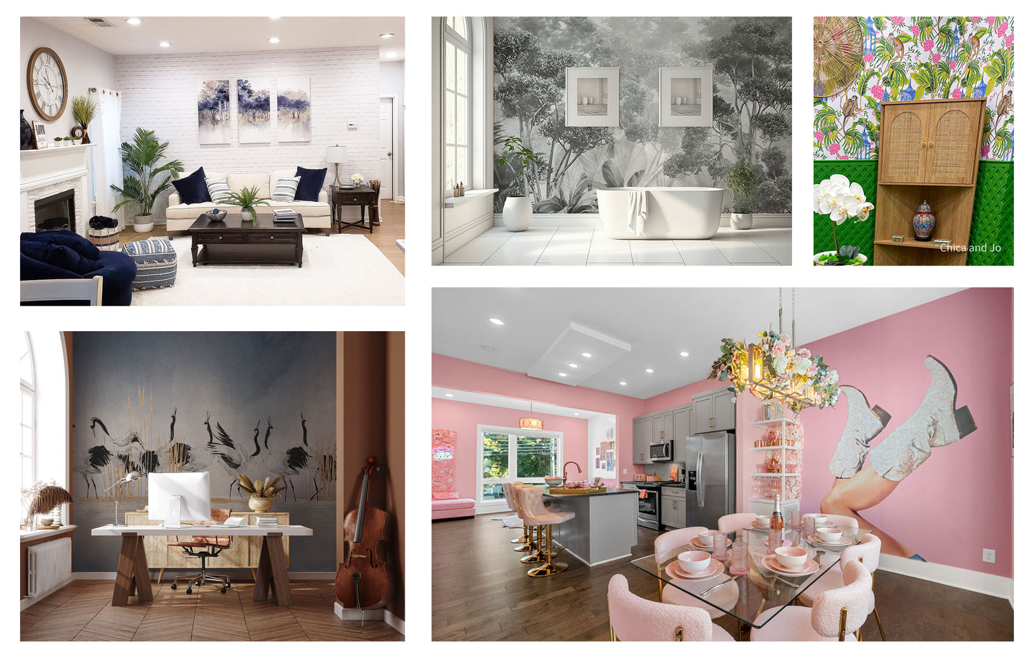 Collage of various home interior designs with wall murals, including a living room, bathroom, and office.