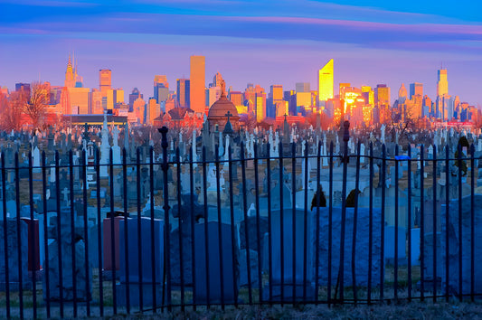 cemetery in the for front with a city in the background wall mural