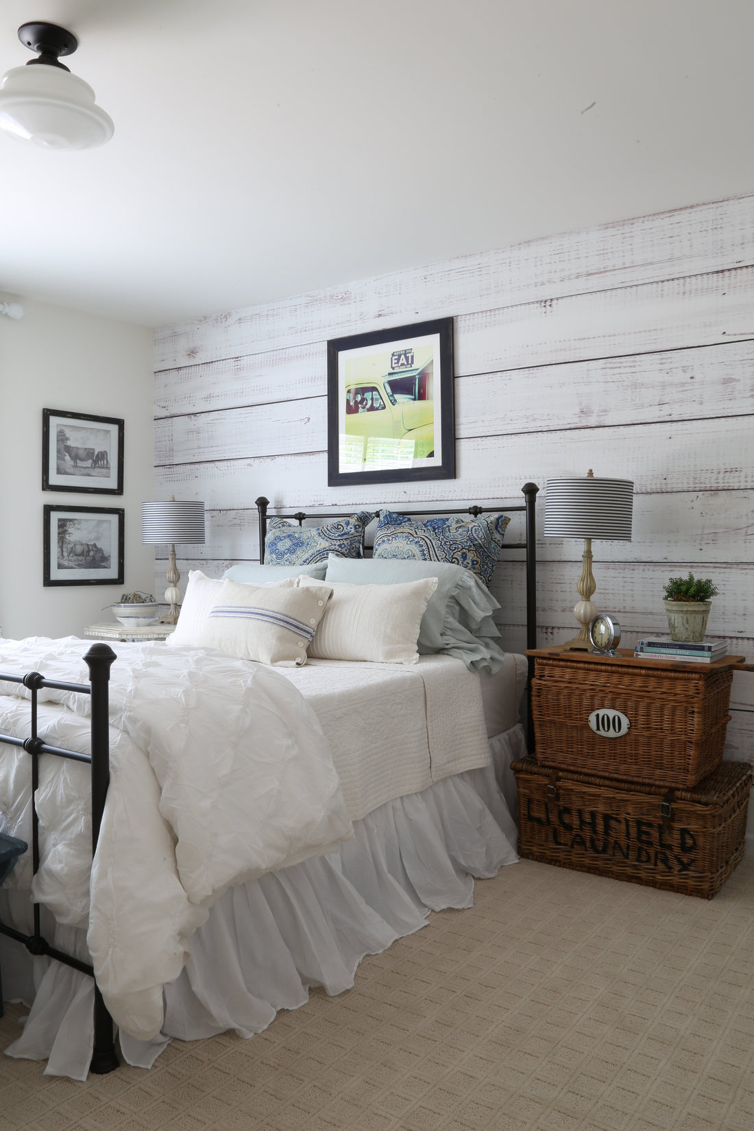 white room with shiplap wallpaper