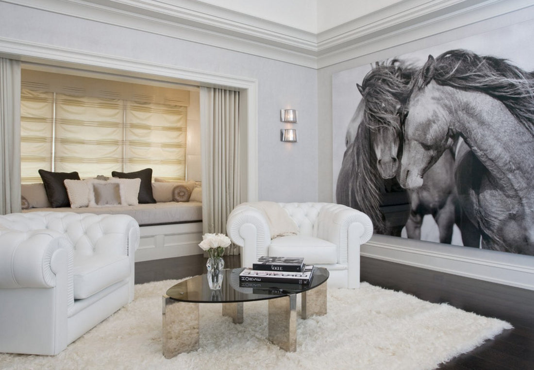 black and white room with a black and white horse mural