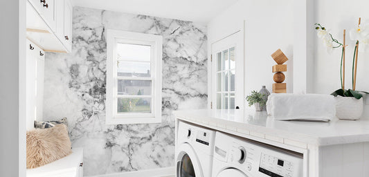 Black and White Marble wall mural in a laundry room 