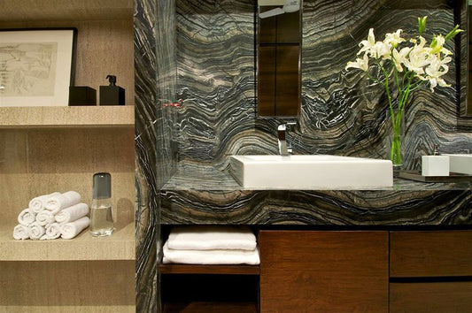 black with white vein marble feature wall in bathroom