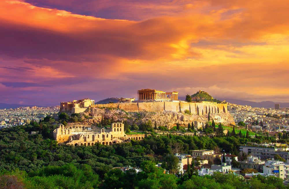 Acropolis With Parthenon View Through A Frame With Green Plants, Trees