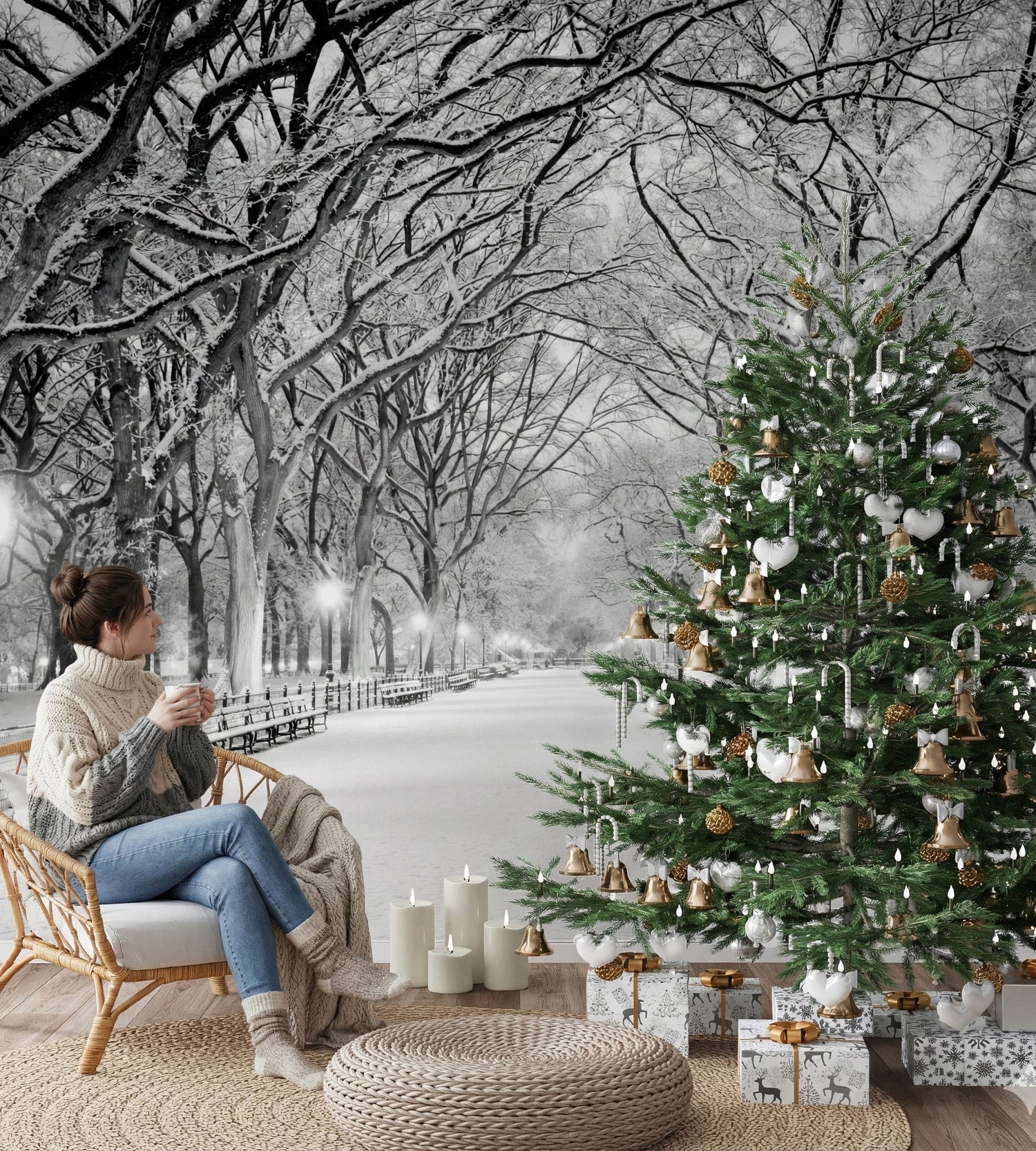 Woman sitting in a cozy living room with a decorated Christmas tree and a snowy wall mural of Central Park.