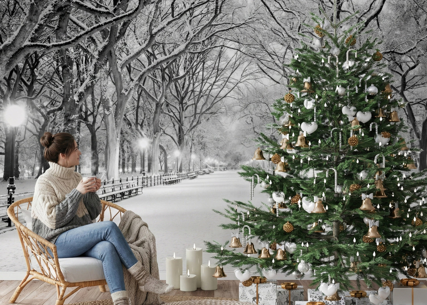 Woman sitting by a decorated Christmas tree, with a snowy park wallpaper mural.