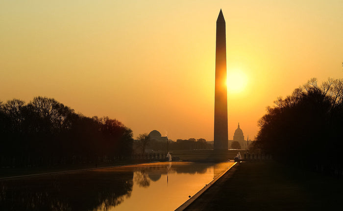 Sun Rising Behind The Washington Monument And Reflecting Pool Wall Mur