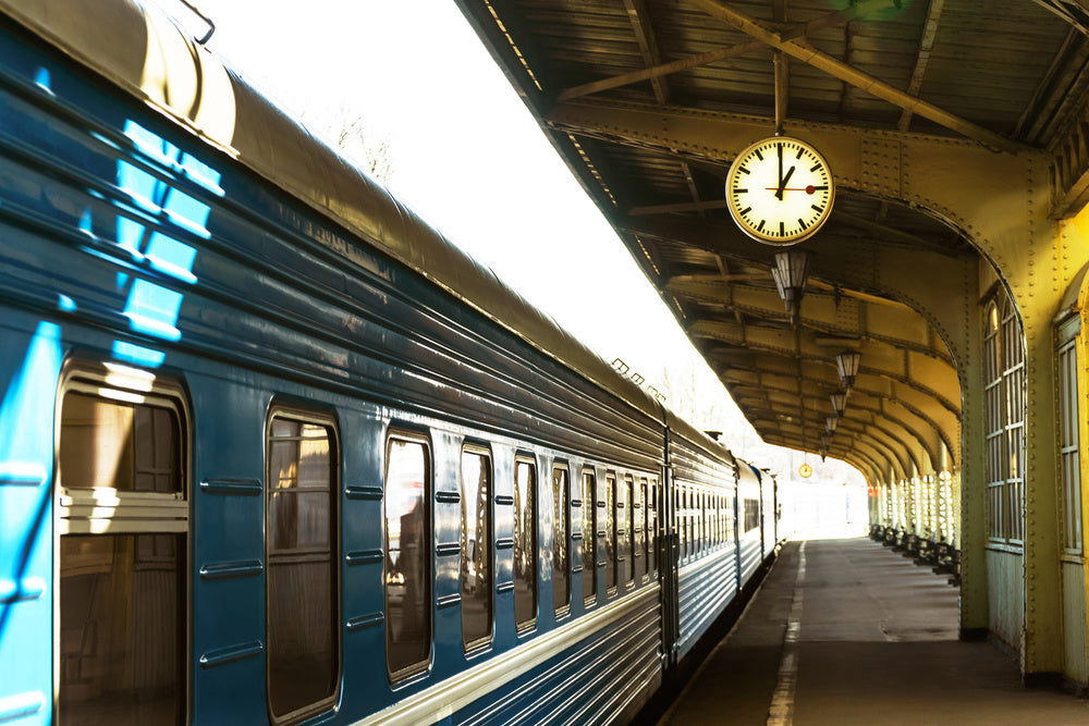 The Train Stands On The Station Platform Station Clock Wall Mural