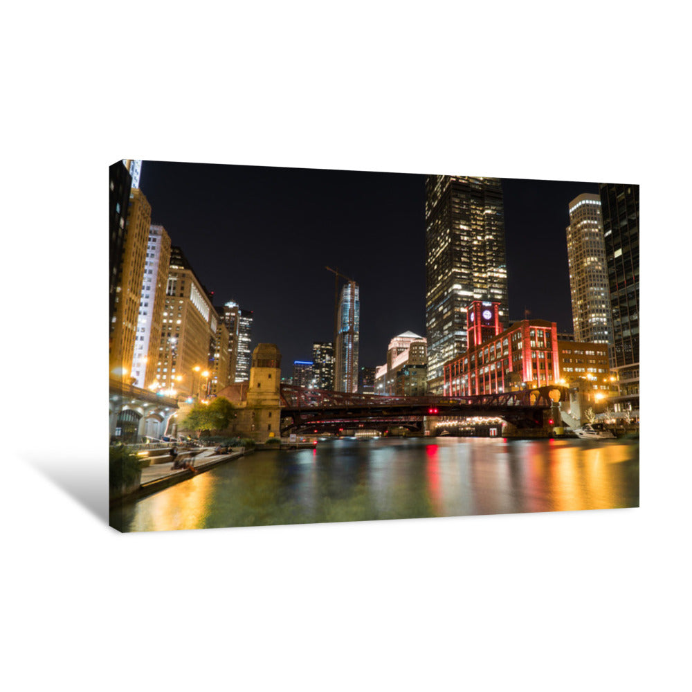 Night Time Exterior Establishing Shot Overlooking Chicago River Front