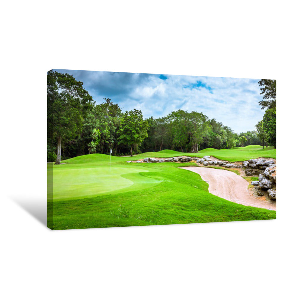 Golf Painted Rocks Golf Course Green with Bunker and Rocks Canvas Print