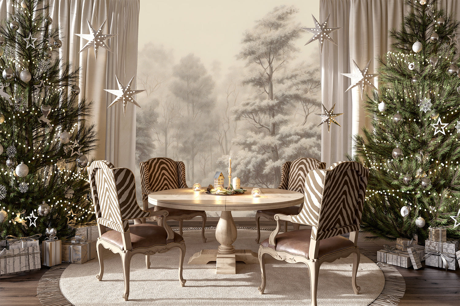 Dining room with Christmas trees, table, and chairs in a decorated setting, with a vintage tree wall mural on the walls.